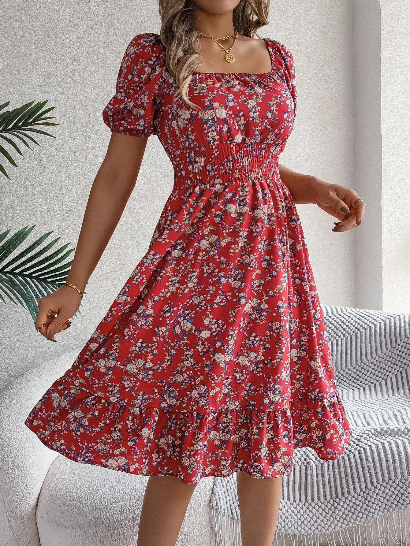Women's Floral 3D Print Square Neck Dress